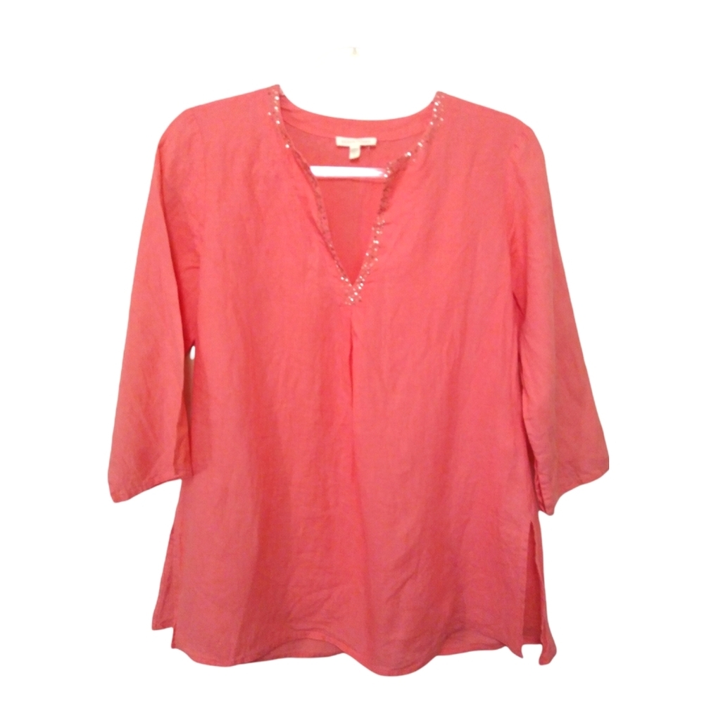 Eileen Fisher Womens Coral Pink 100% Irish Linen Sequin V-Neck Boho Tunic Top XS